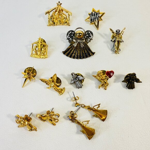 Angel Religious Pin Brooch Earrings Lot Gold-Tone Avon JJ Jonette - Picture 1 of 10